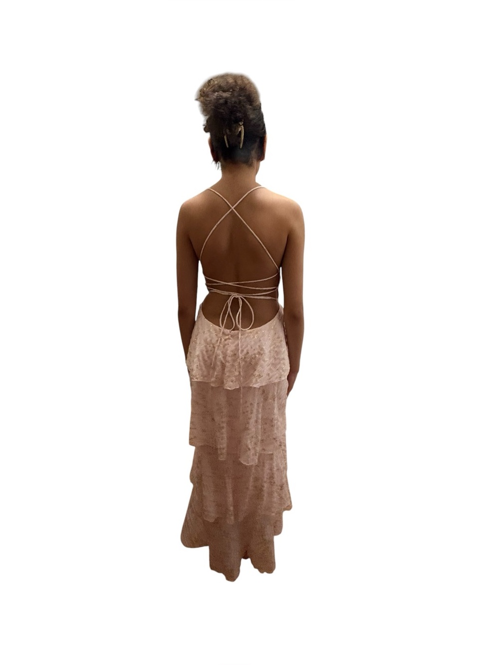 Lucy in the Sky Blush Metallic Floral Tiered Lace Up Back Maxi Dress Small - Picture 3 of 10